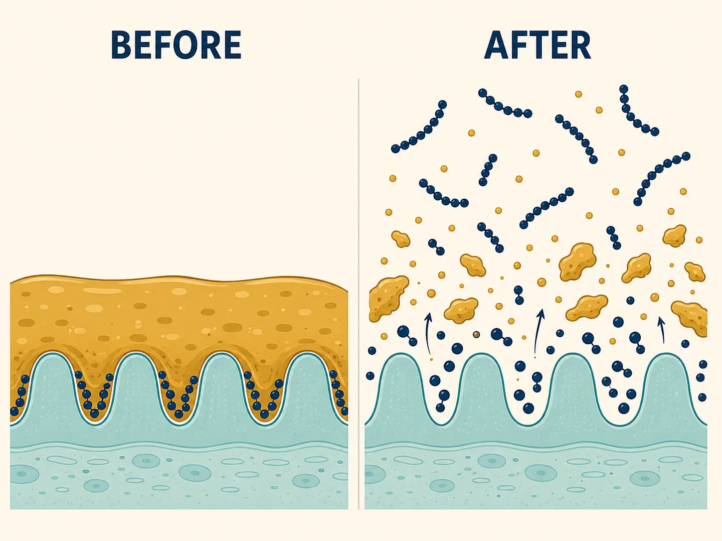Before/after diagram showing the dextran biofilm dissolving