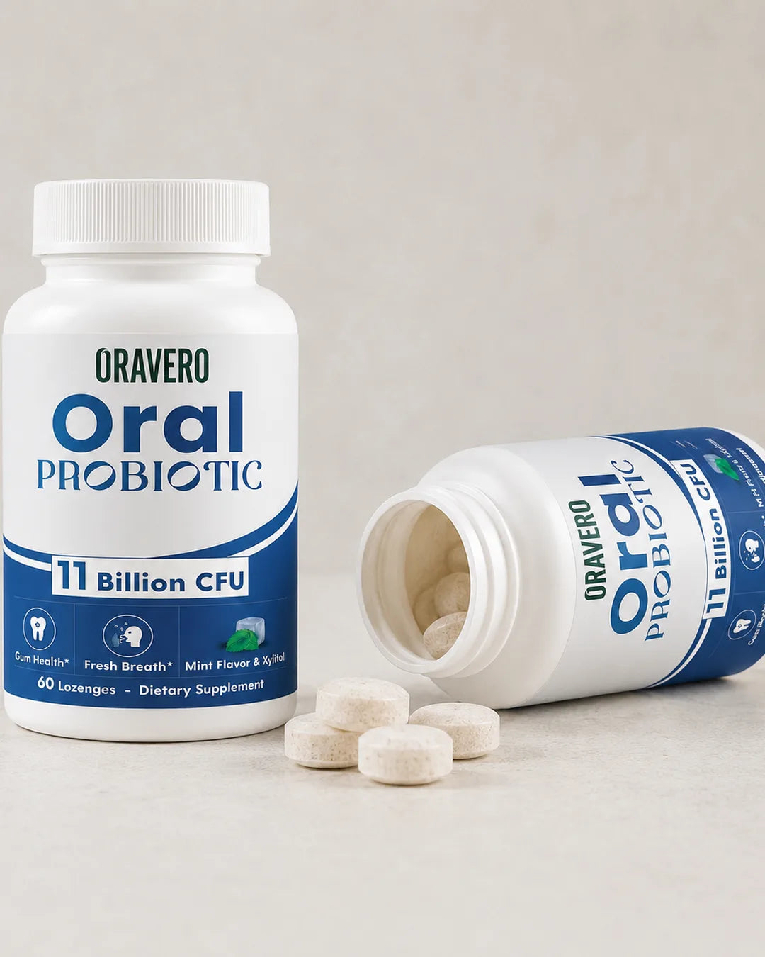 Oravero bottle and lozenges